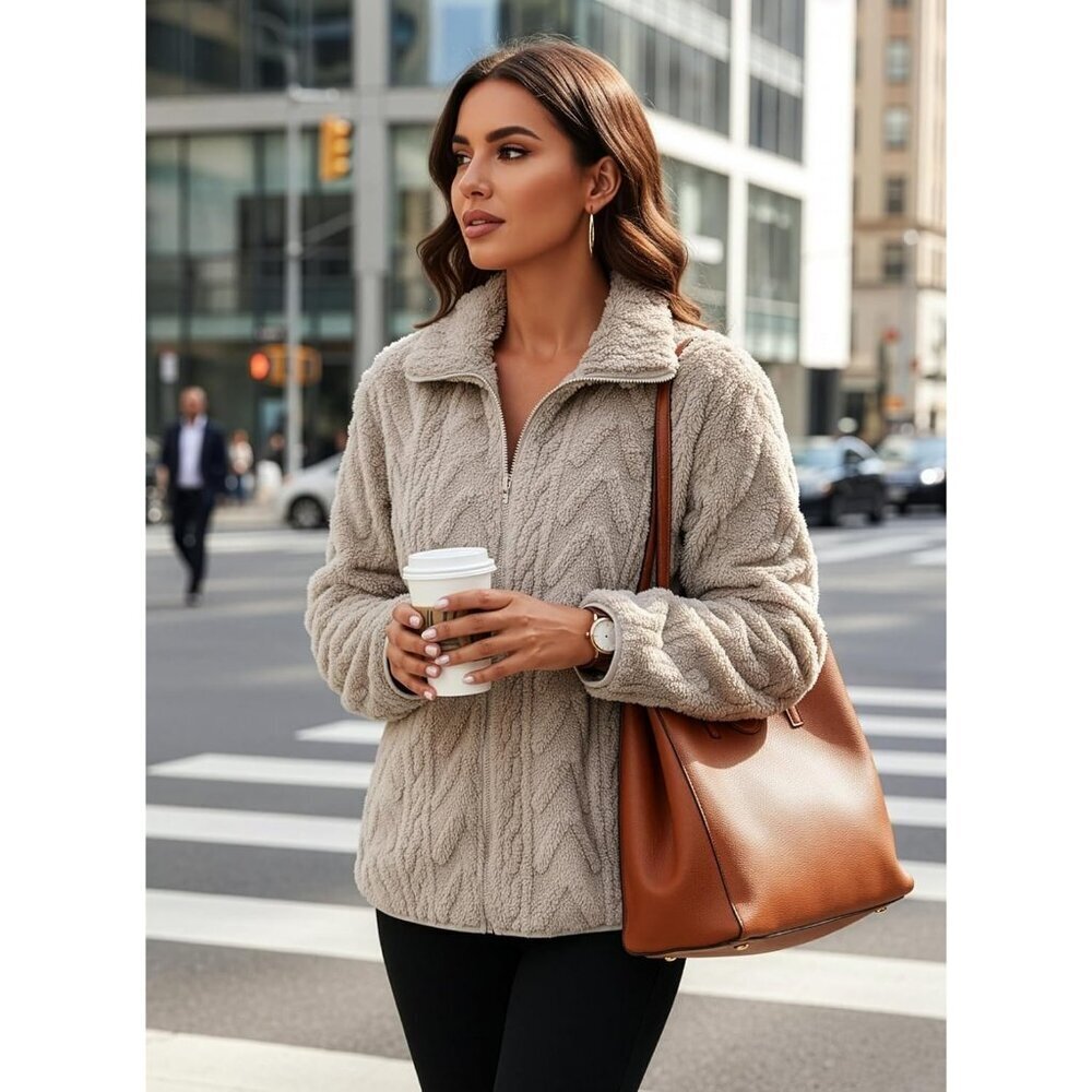 Women's Khaki Fleece Jacket 2026 Zipper Stand Collar Casual Coats with Pockets - Picture 4 of 7